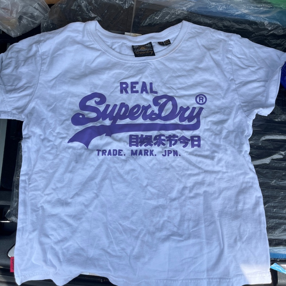 Superdry Tee in White with Purple Logo size 8